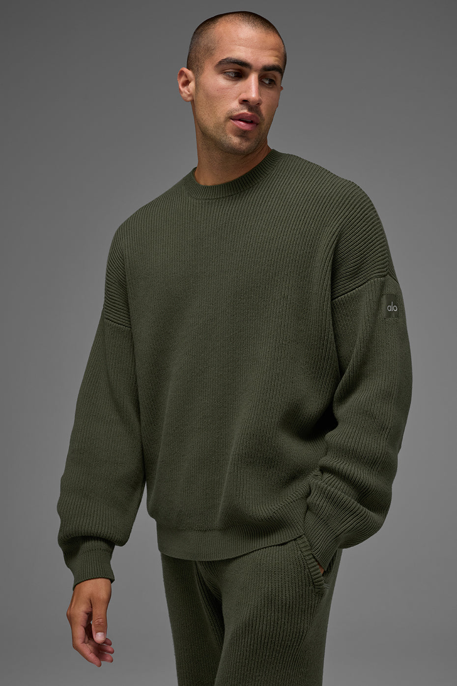 Alternative view of Domain Rib Knit Crew Sweater   Green Olive