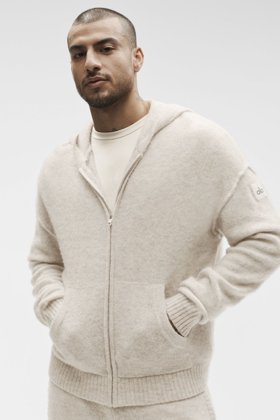 Wool Cashmere New Class Full Zip Hoodie Oatmeal Heather - Image 2