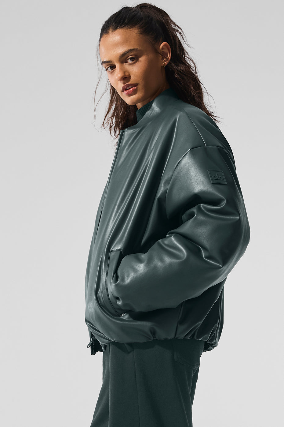 Faux Leather Premier Bomber Charcoal Green - Image 3