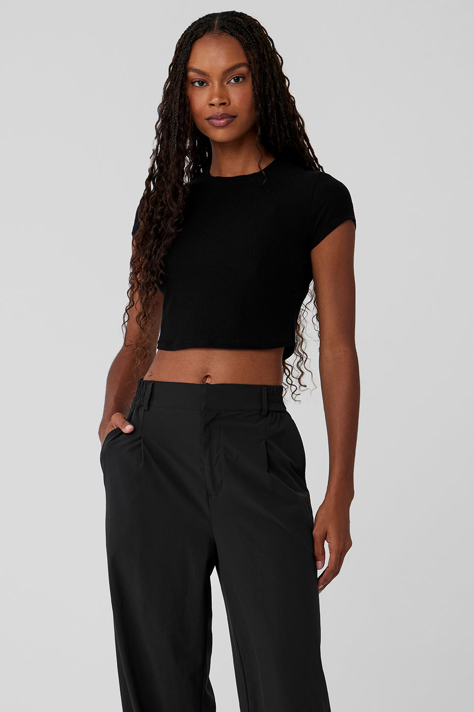 Ribbed Sea Coast Cropped Short Sleeve Tee Black