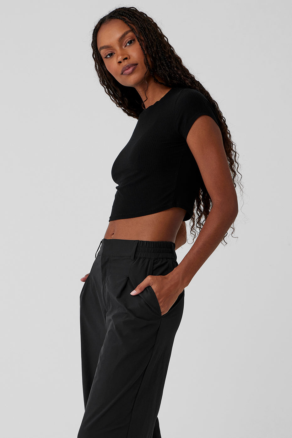 Ribbed Sea Coast Cropped Short Sleeve Tee Black - Image 3