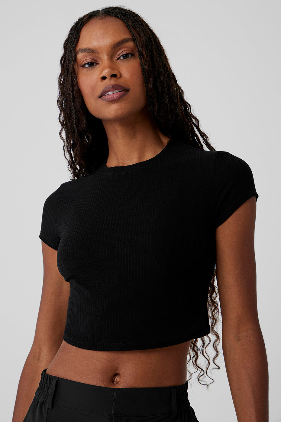 Ribbed Sea Coast Cropped Short Sleeve Tee Black - Image 4