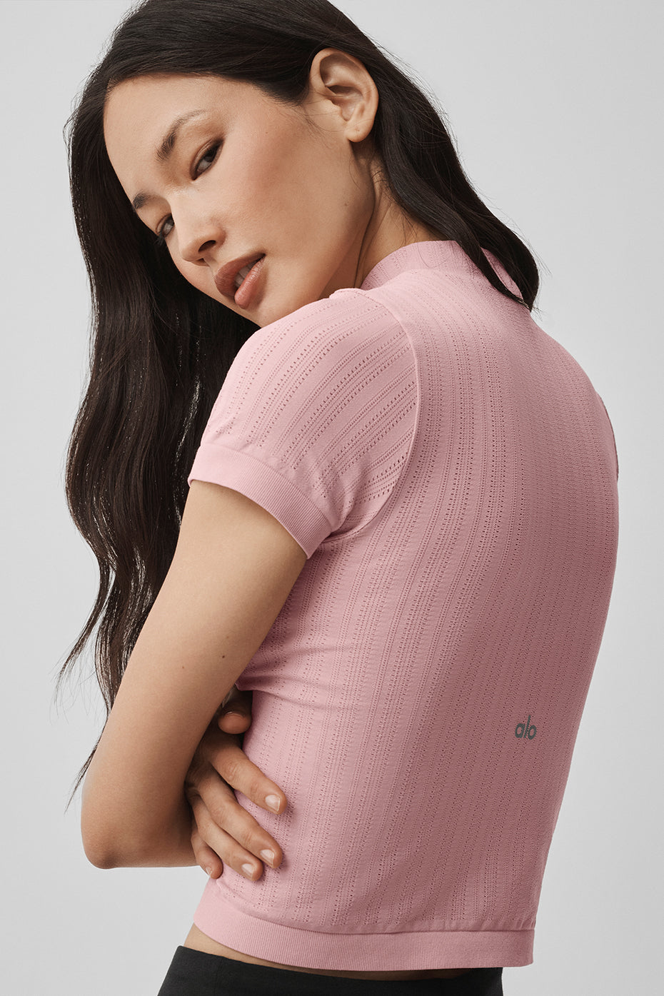 Seamless Pointelle Mock Neck Short Sleeve Vintage Pink - Image 2