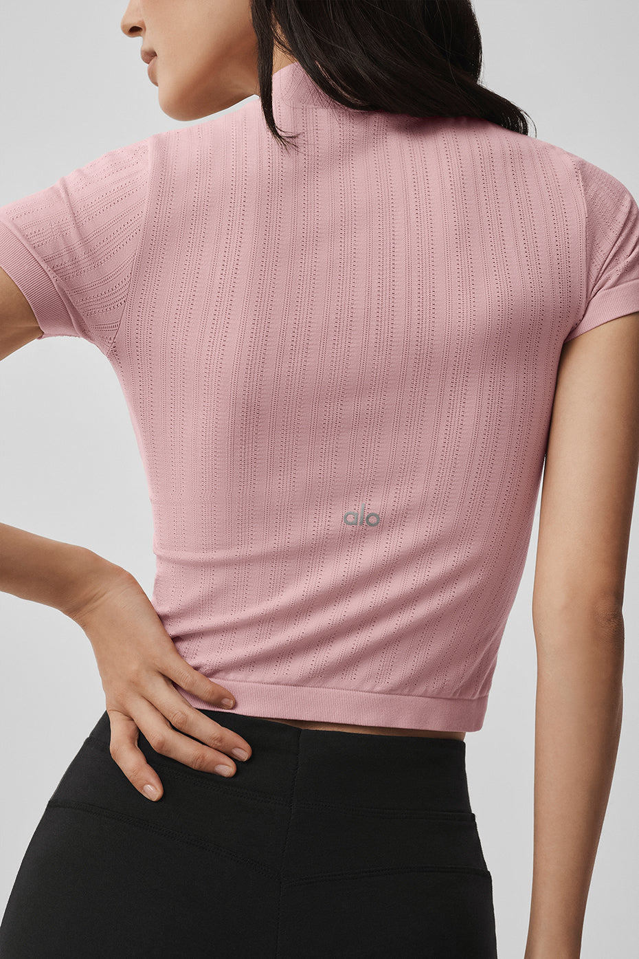 Seamless Pointelle Mock Neck Short Sleeve Vintage Pink - Image 5