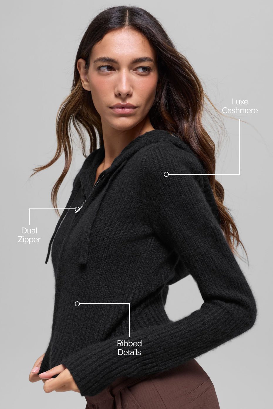 Wool Cashmere Ribbed Noble Full Zip Hoodie Black - Image 2
