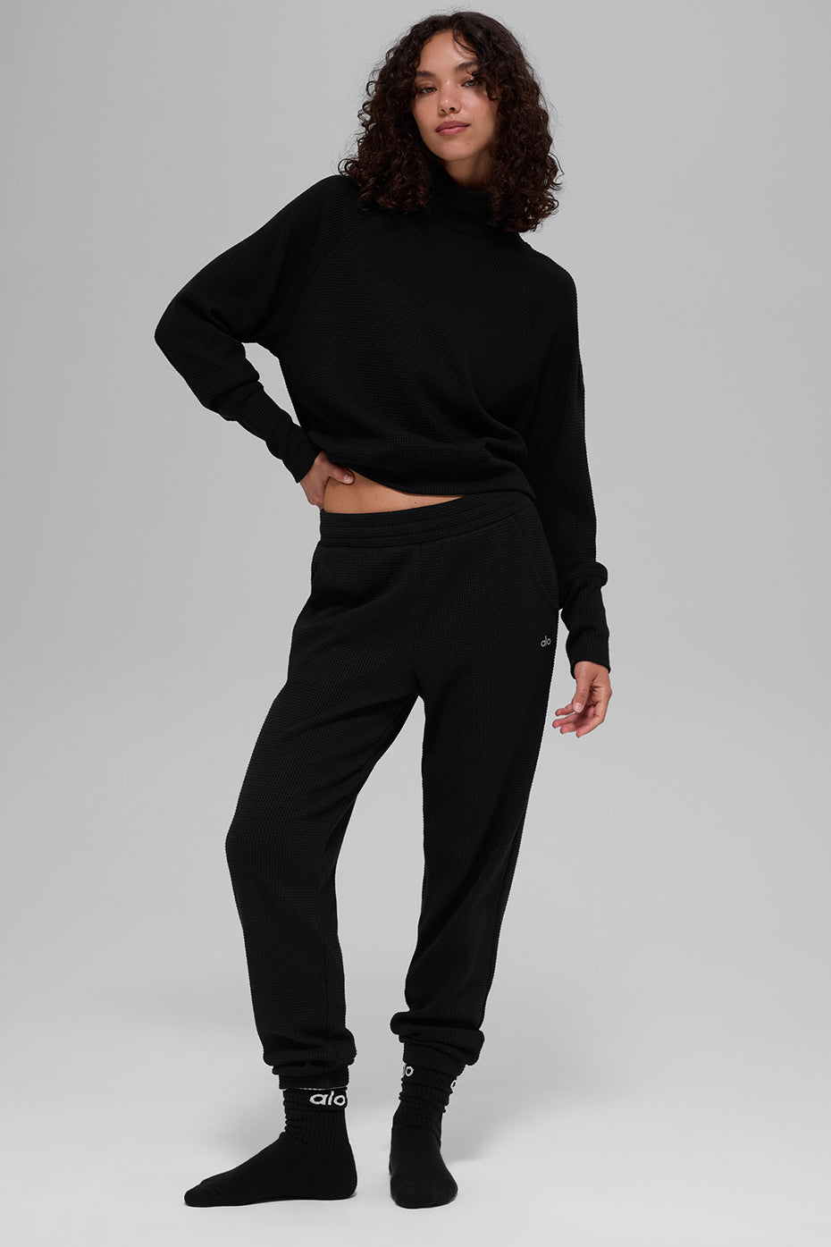 Waffle Weekend Escape Mock Neck Long Sleeve Black - Image 5