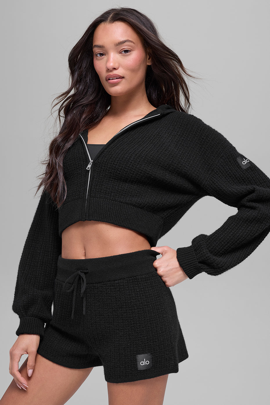 Cashmere Plush Waffle Full Zip Hoodie Black