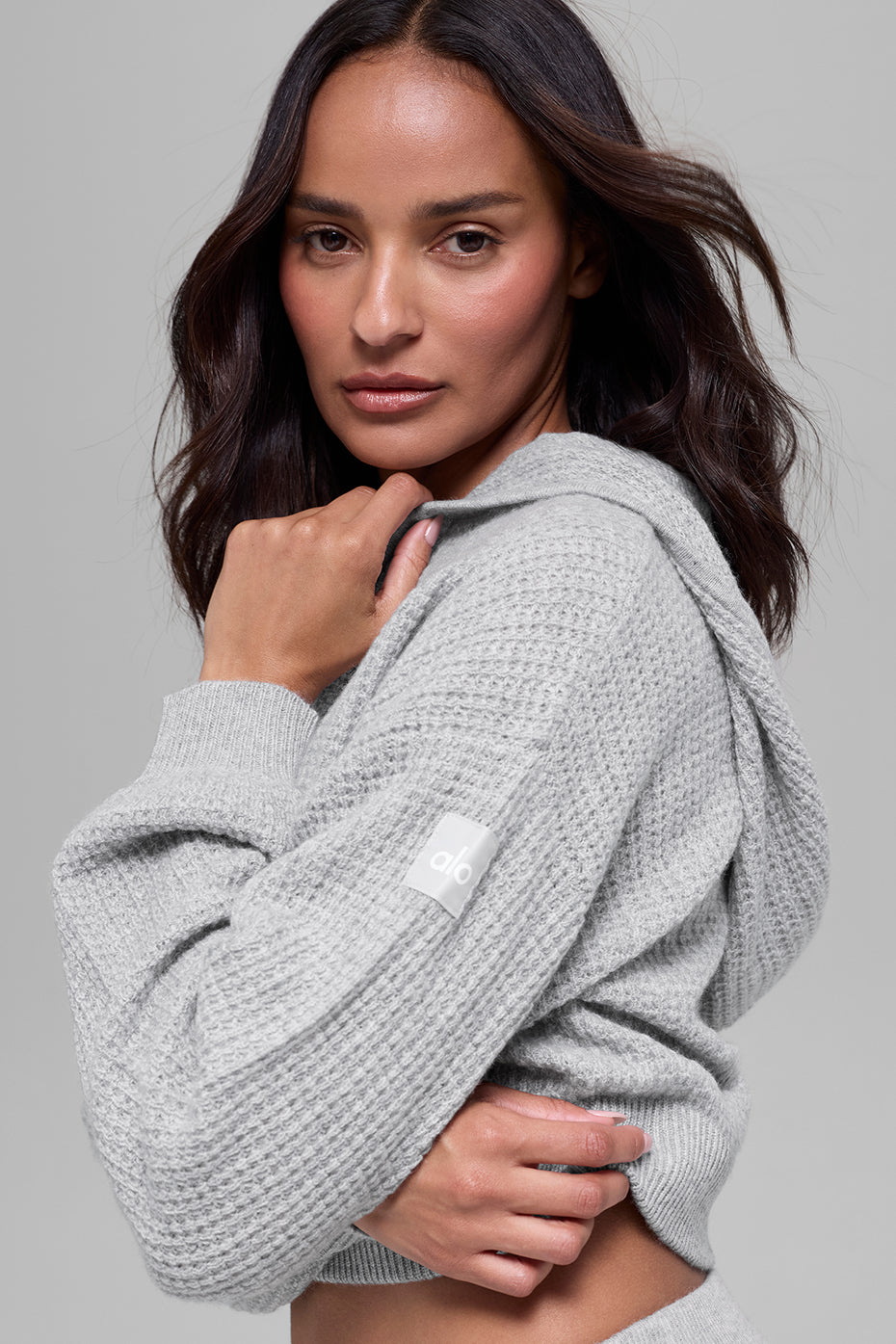 Cashmere Plush Waffle Full Zip Hoodie Athletic Heather Grey - Image 4