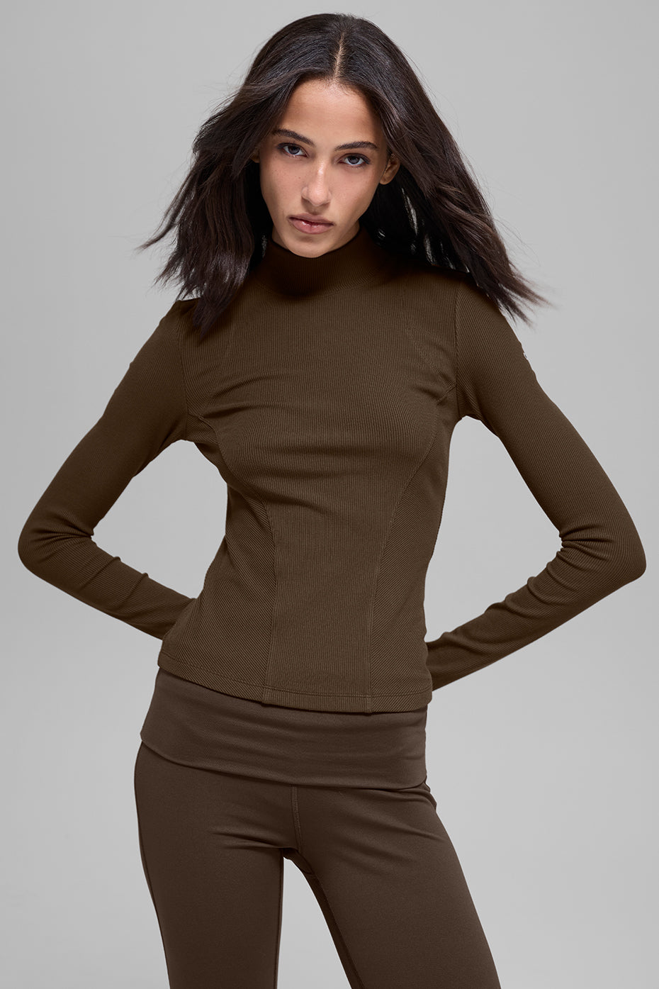 Ribbed Mesmerize Mock Neck Long Sleeve Espresso