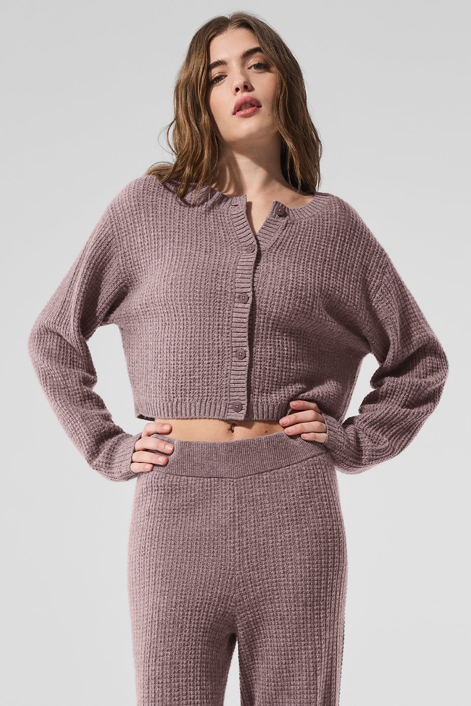 Cashmere Plush Waffle Cardigan   Mushroom Heather