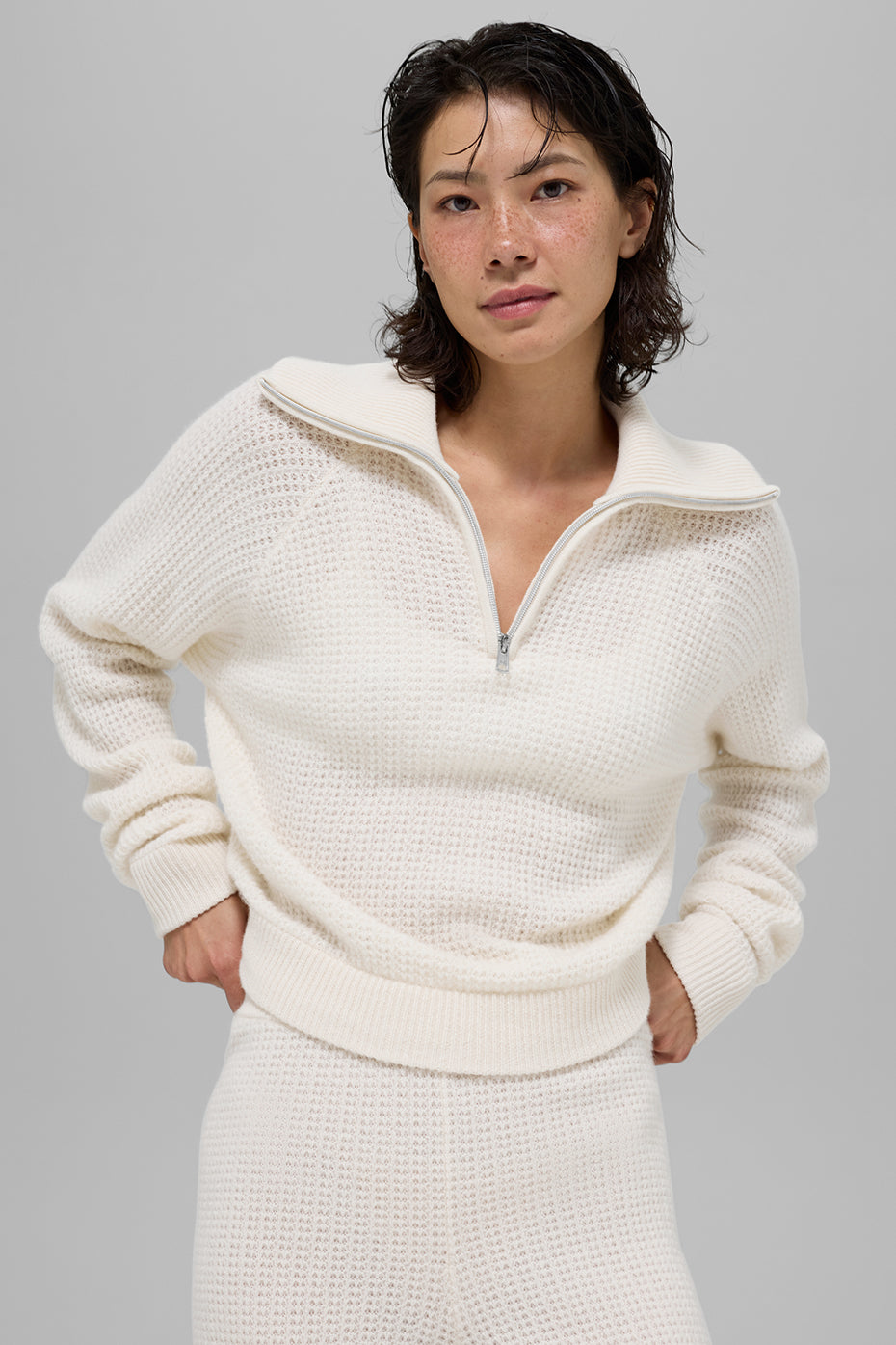 Cashmere Plush Waffle 1/4 Zip Pullover   Ivory