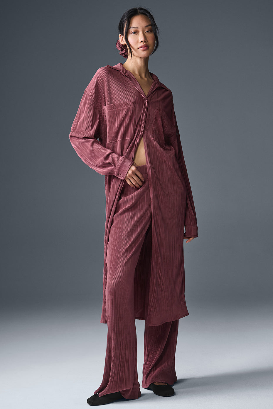 Micro Plisse Shirt Dress Burgundy Truffle