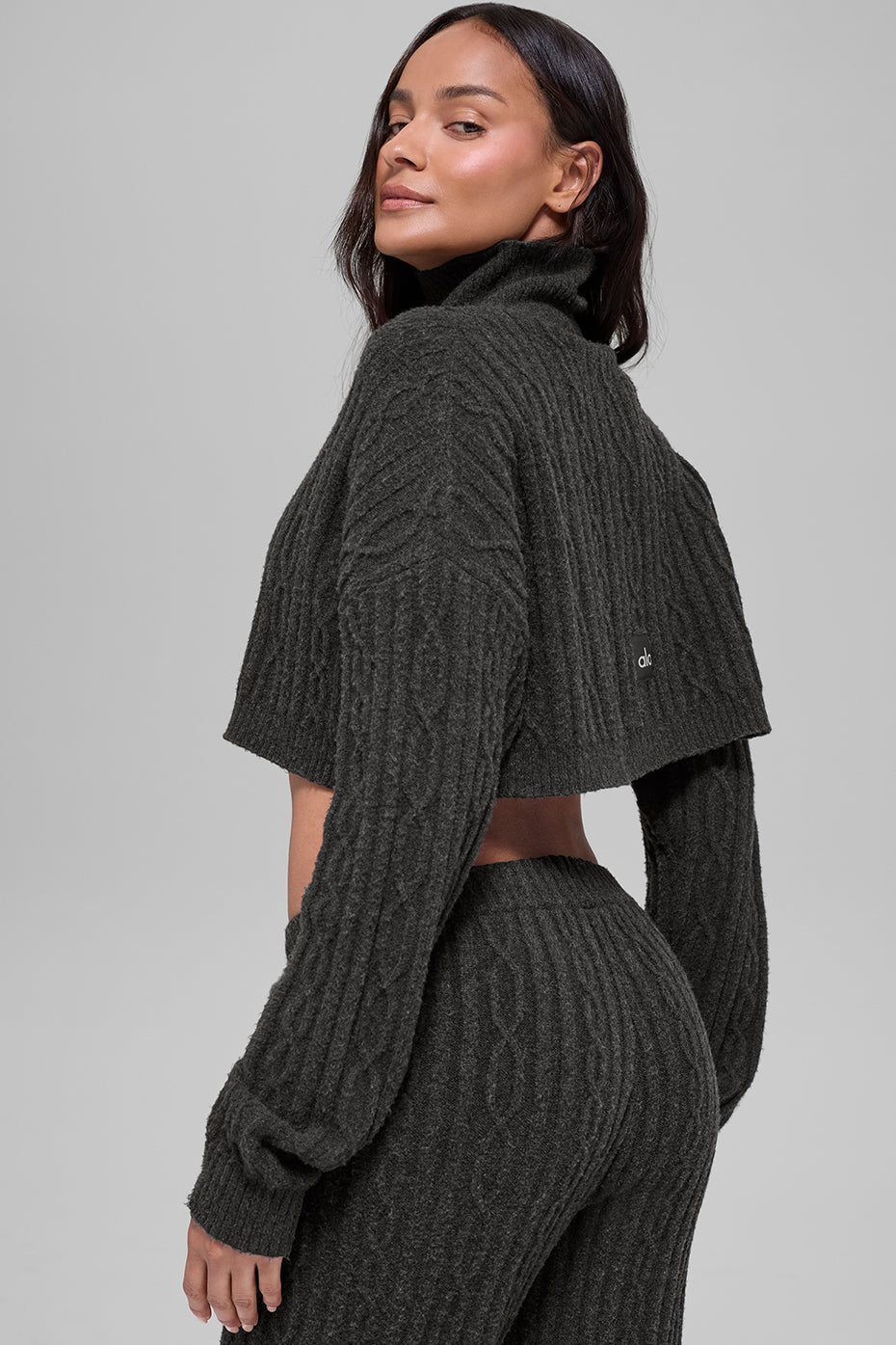 Cable Knit Cropped Winter Bliss Turtleneck Long Sleeve Dark Heather Grey - Image 3