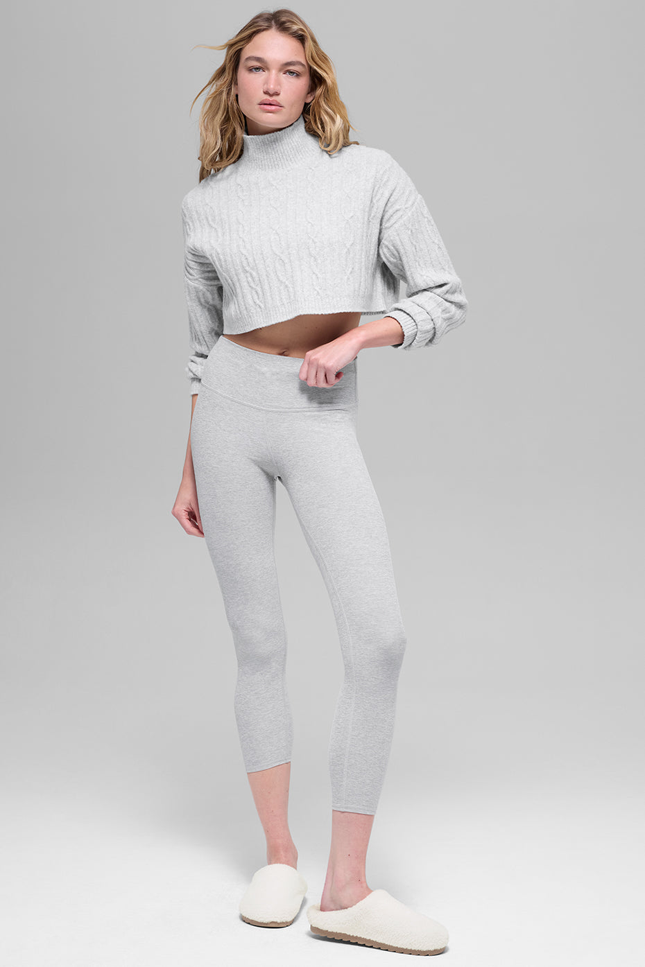 Cable Knit Cropped Winter Bliss Turtleneck Long Sleeve Athletic Heather Grey - Image 5