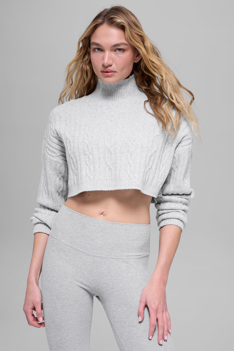 Cable Knit Cropped Winter Bliss Turtleneck Long Sleeve Athletic Heather Grey