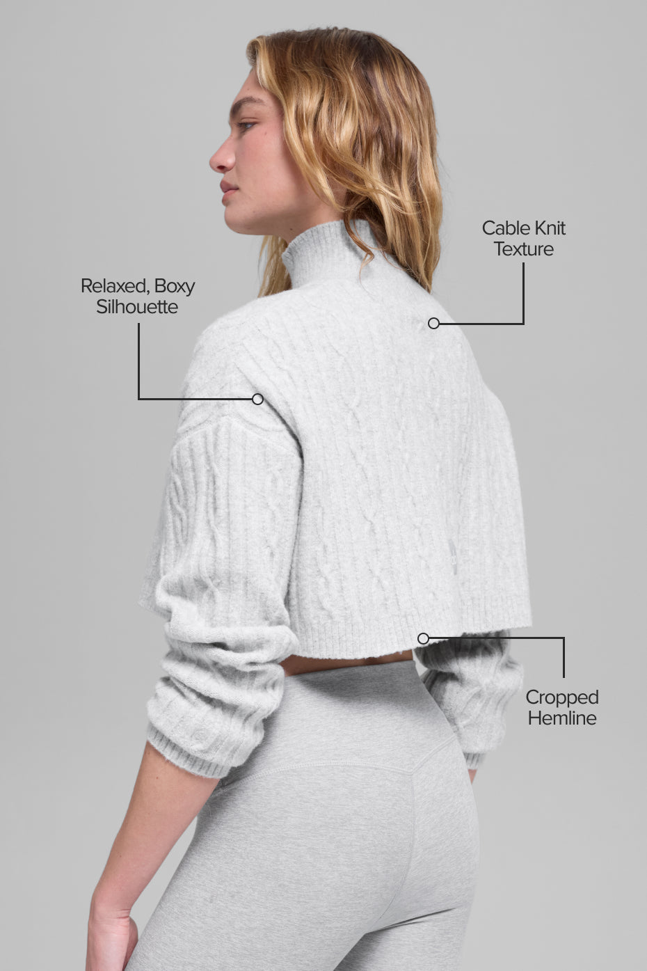 Cable Knit Cropped Winter Bliss Turtleneck Long Sleeve Athletic Heather Grey - Image 2
