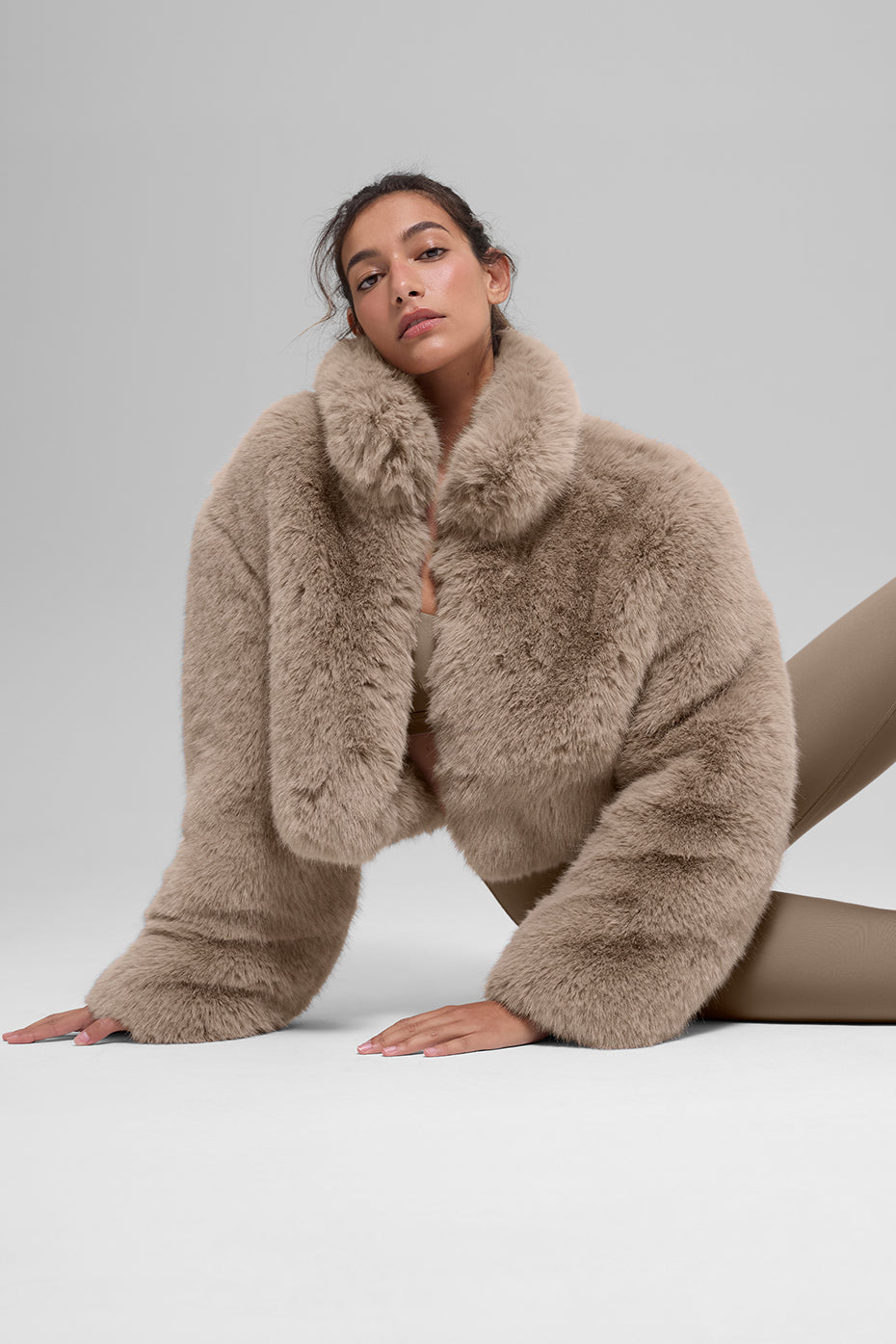 Opulent Faux Fur Cropped Jacket Oat - Image 5
