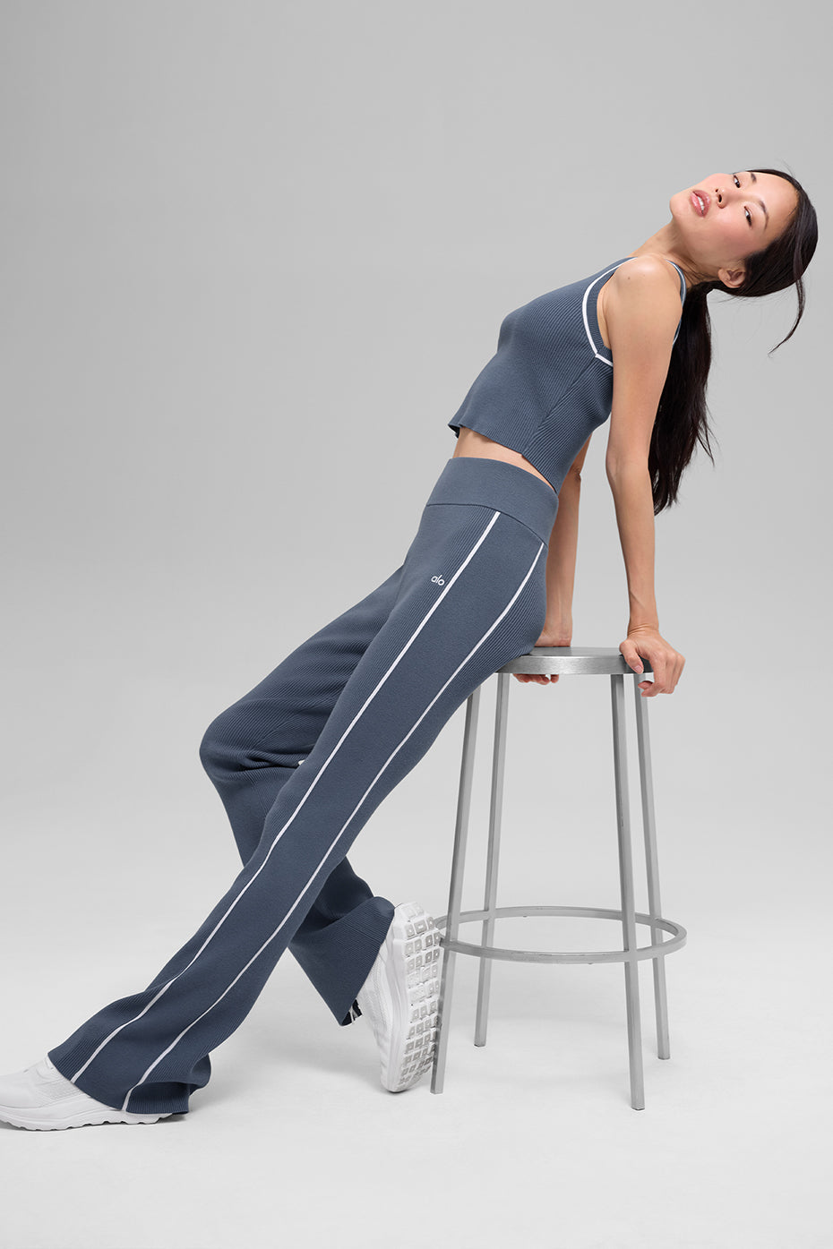 Ribbed Sweater Knit Highline Flare Pant Bluestone/White - Image 5