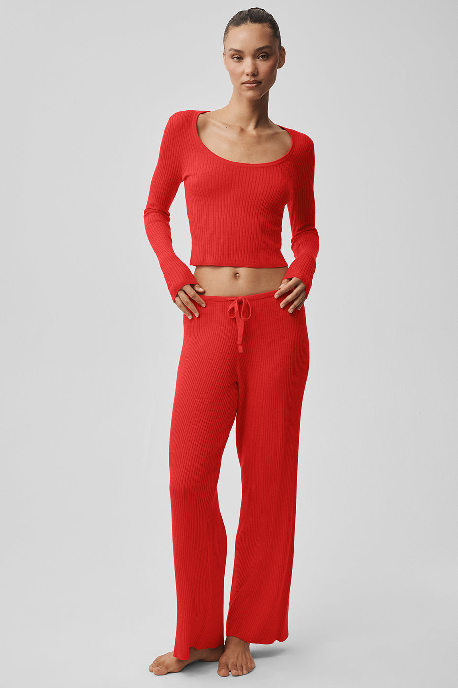 Sweater Knit Mid Rise Unwind Wide Leg Pant Bright Red - Image 6