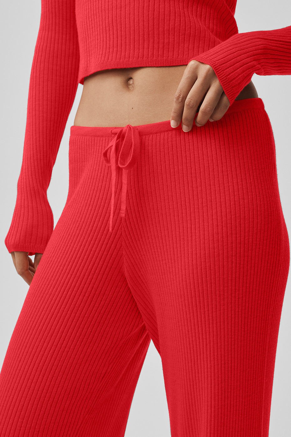 Sweater Knit Mid Rise Unwind Wide Leg Pant Bright Red - Image 3