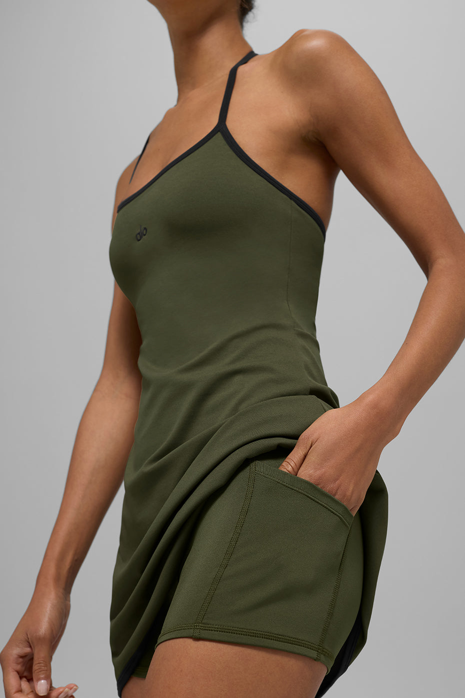 Alternative view of ALO Softsculpt Halter Tennis Dress   Green Olive/Black
